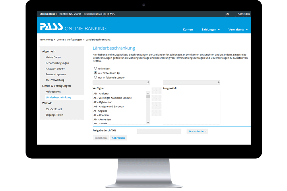 Bank client login: administration – country restrictions