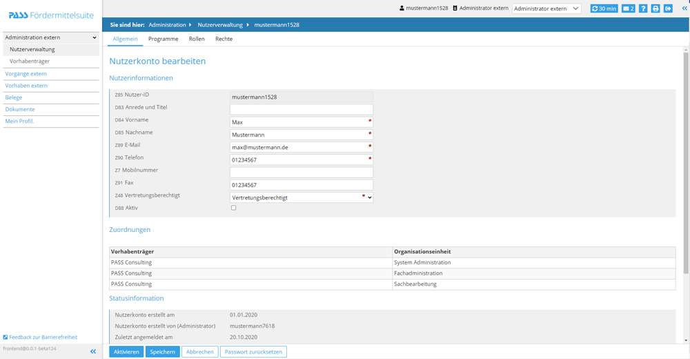 Nutzer, Organisation und Kundenportal