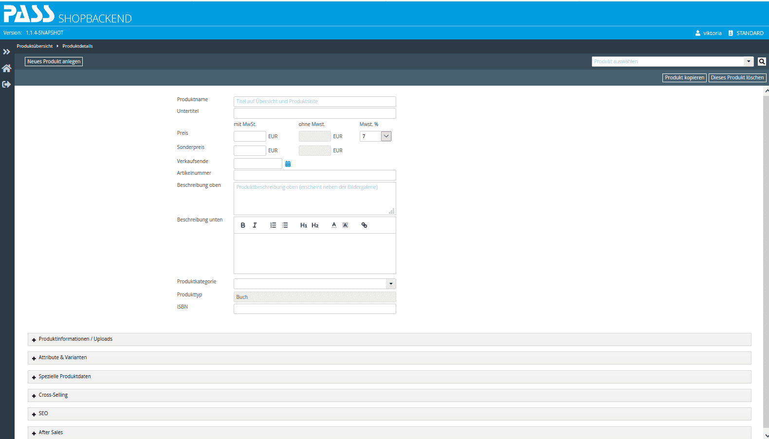 Neuanlage eines Produktes