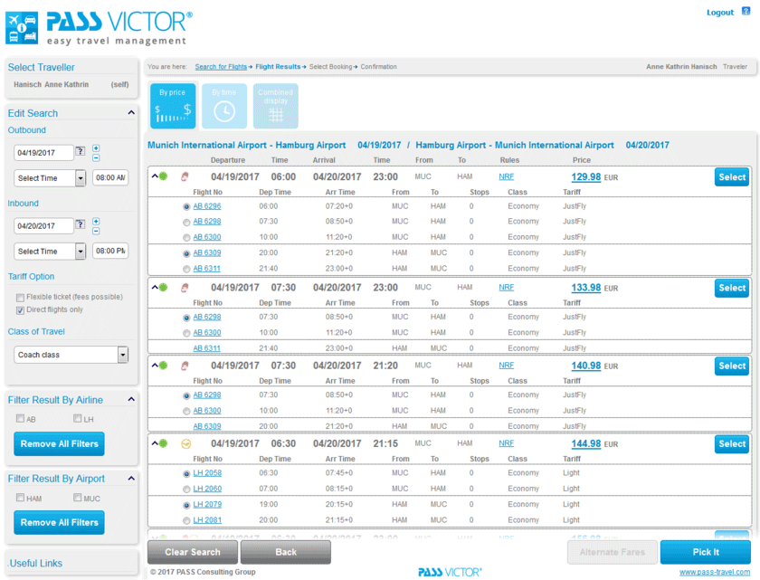 Flight results – by price